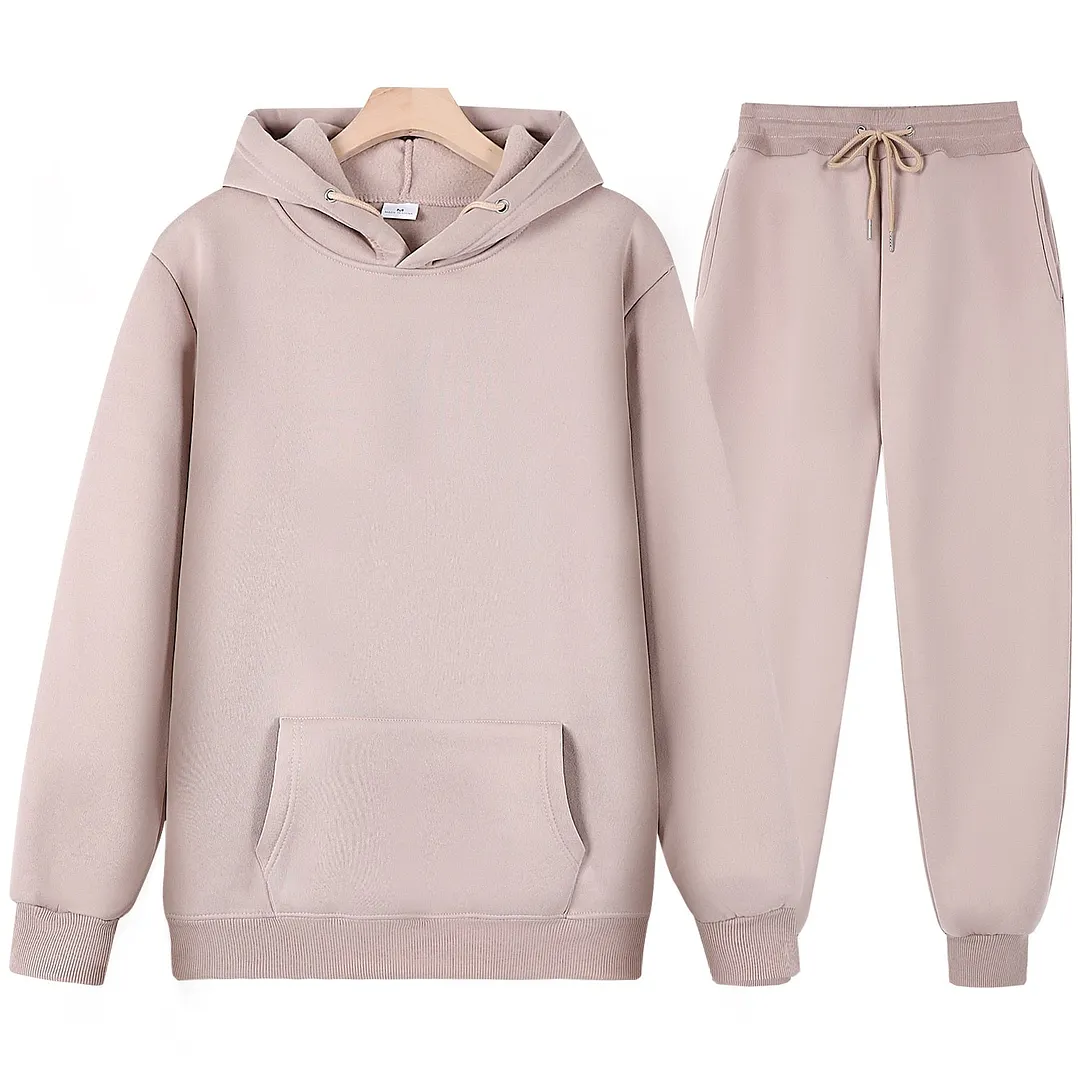 Men's Tracksuit Women Autumn Winter Fashion Fleece Pullovers Casual Sportswear Long Sleeve Solid Loose Hoodies Long Pants Suit