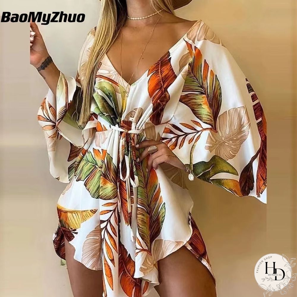 New Summer Beach Elegant Women Dresses Sexy V Neck Lace-up Floral Print Mini Dress Casual Flared Sleeves Ladies Party Dress