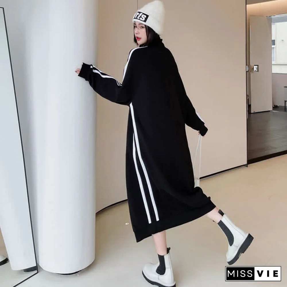 Plus Size Stripe Zipper Long Sleeve Loose Dress