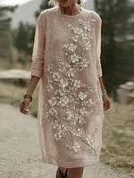 Women's Bohemian Cherry Blossom Pattern Casual Round Neck Long Sleeve Dress