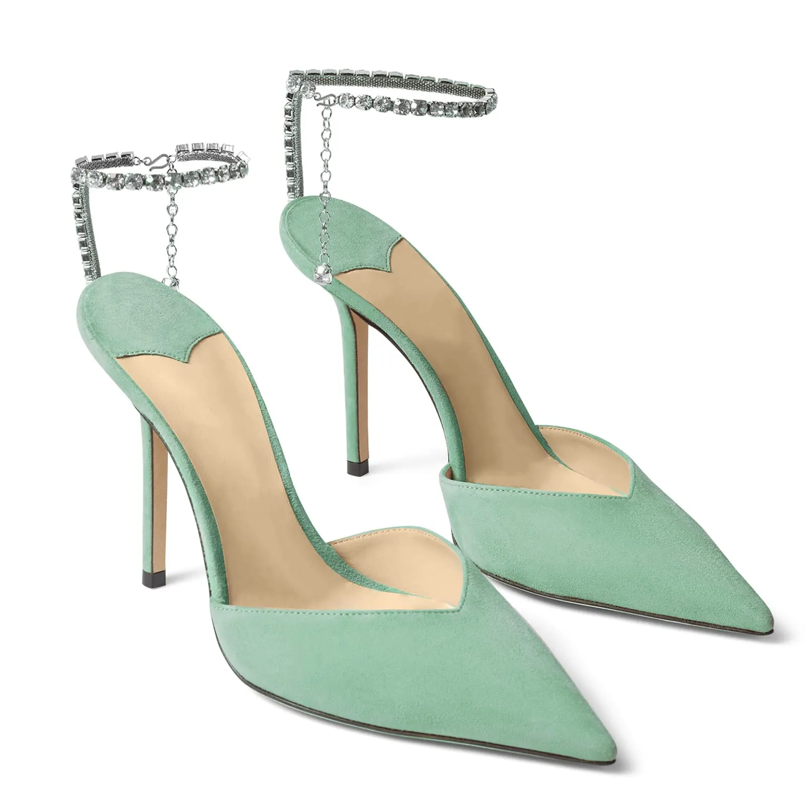 100mm Women's Sandals Crystal Chain Rhinestone Embellished Strap Suede Pumps Pointy Stilettos Backless Shoes-vocosishoes
