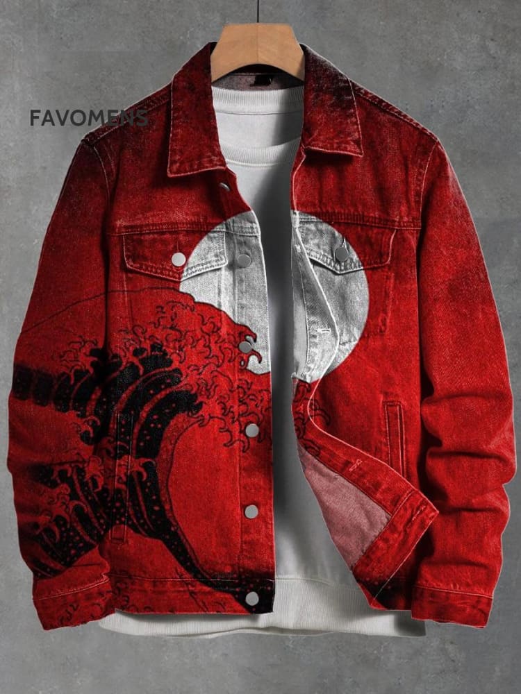 Vintage Japanese Style Blood Red Moon Waves Print Casual Denim Jacket Multicolor / S