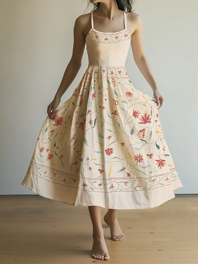 Women's Flower Vacation Print Cami Midi Dress