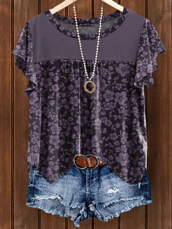 Round Neck Floral Print Bell Sleeve Top