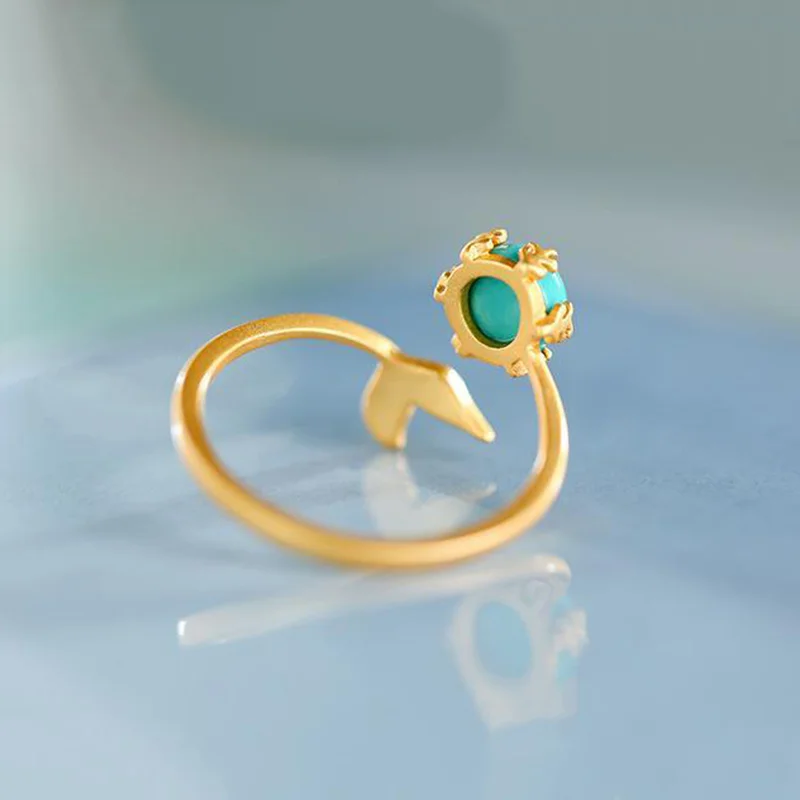  S925 Sterling Silver "Together Forever" Lucky Fish Tail Ring – Vintage Courtly Style with Sleeping Beauty Turquoise Inlay, Adjustable Open Design