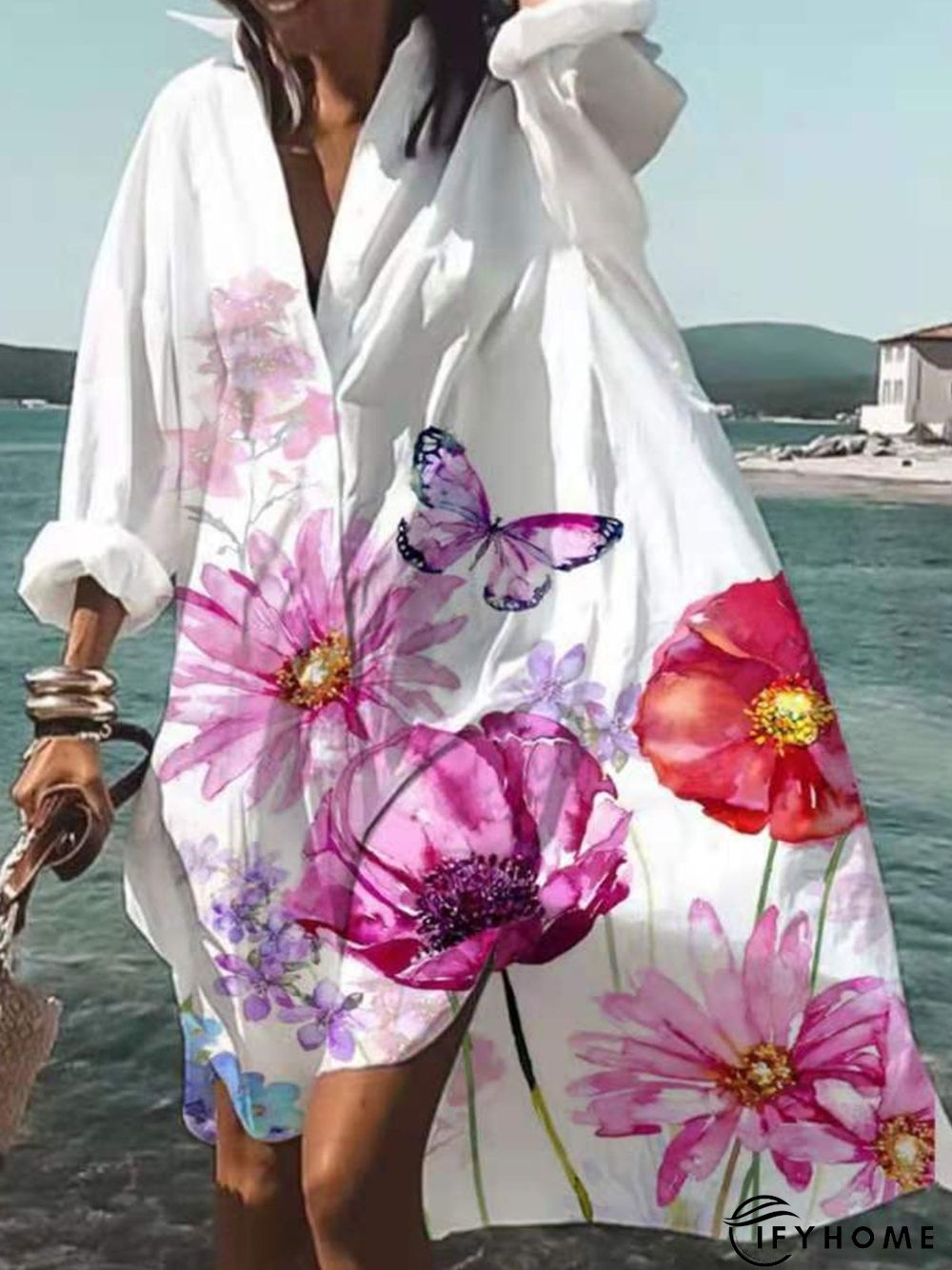 Floral Printed Shawl Collar Holiday Long Sleeve Casual Weaving Dress | IFYHOME
