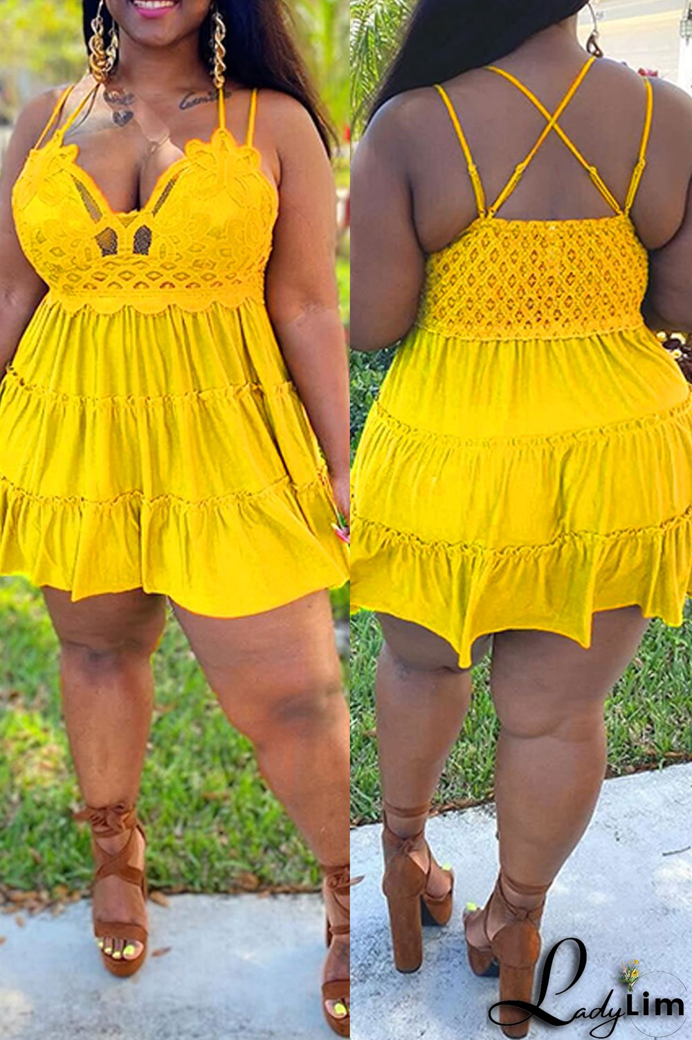 Black Fashion Sexy Solid Lace Backless Fold V Neck Sling Dress Plus Size Dresses