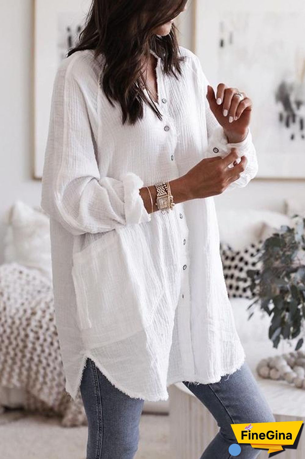 Button Pockets Shirt Mini Dress