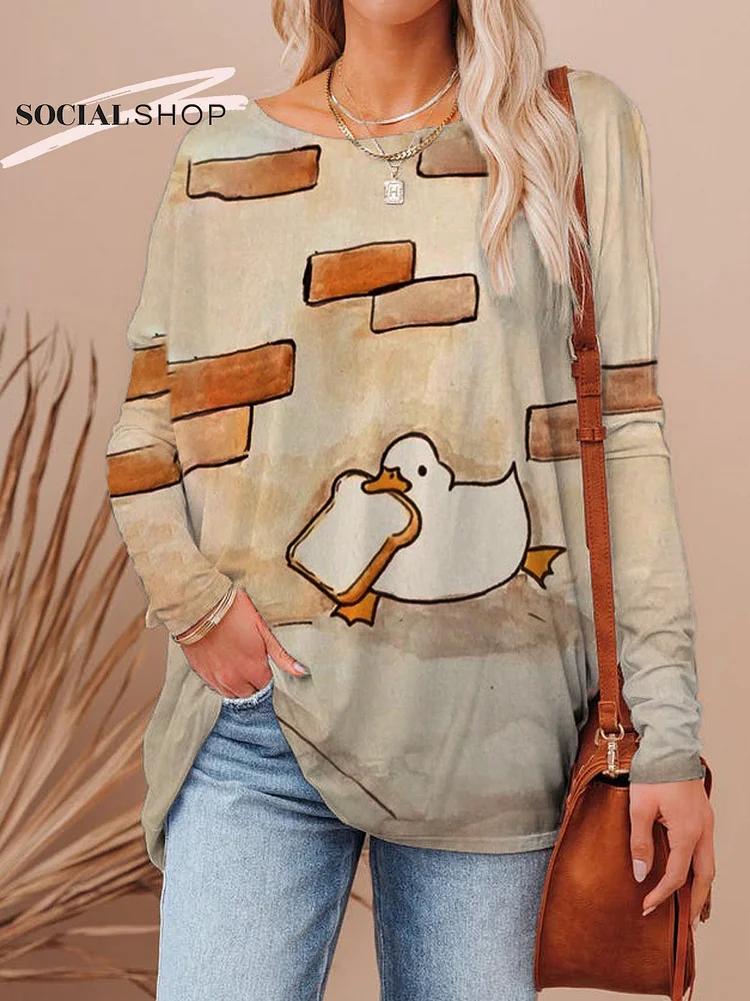 Big Goose With Bread In Its Mouth Fun Casual Long-Sleeved Top socialshop