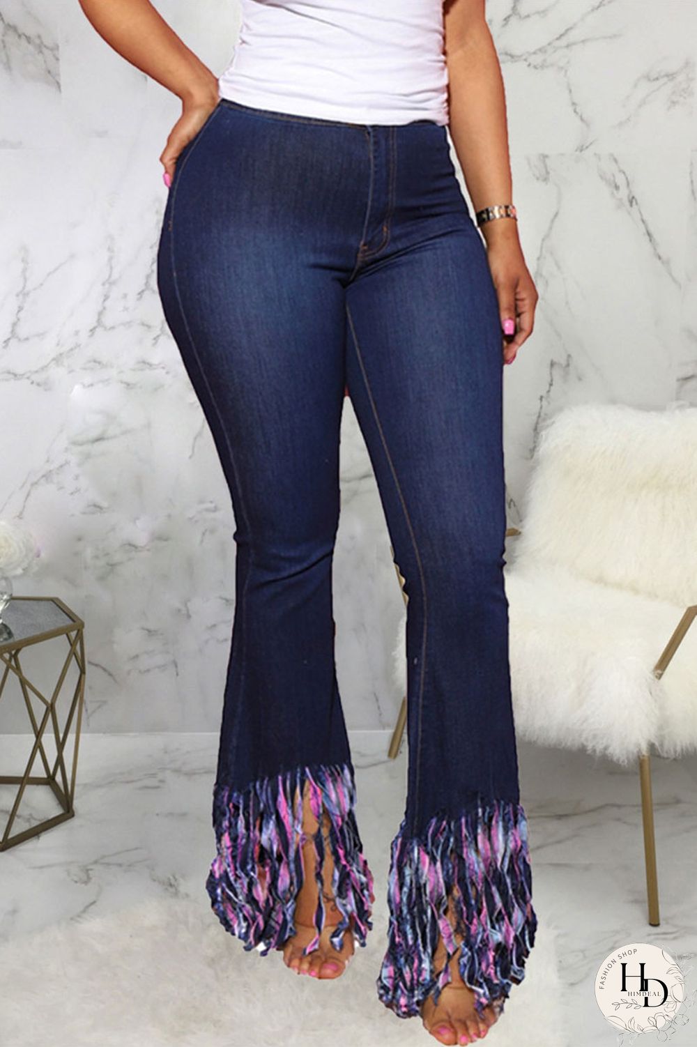 Baby Blue Sexy Solid Tassel Mid Waist Regular Denim