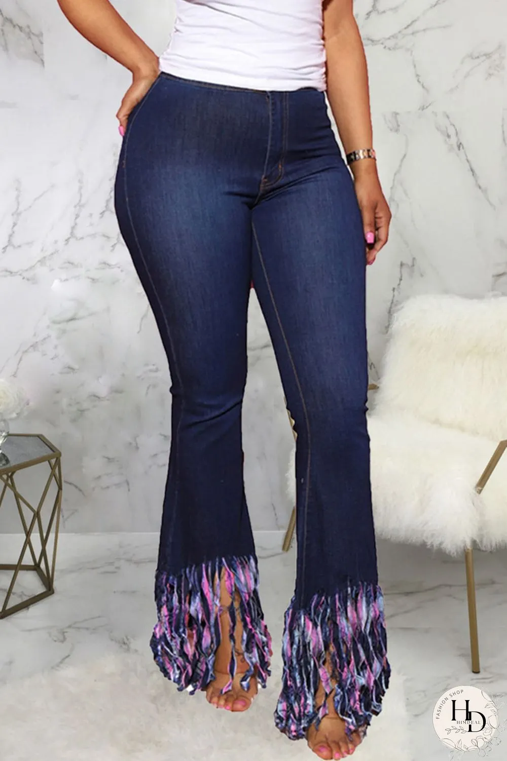 Baby Blue Sexy Solid Tassel Mid Waist Regular Denim