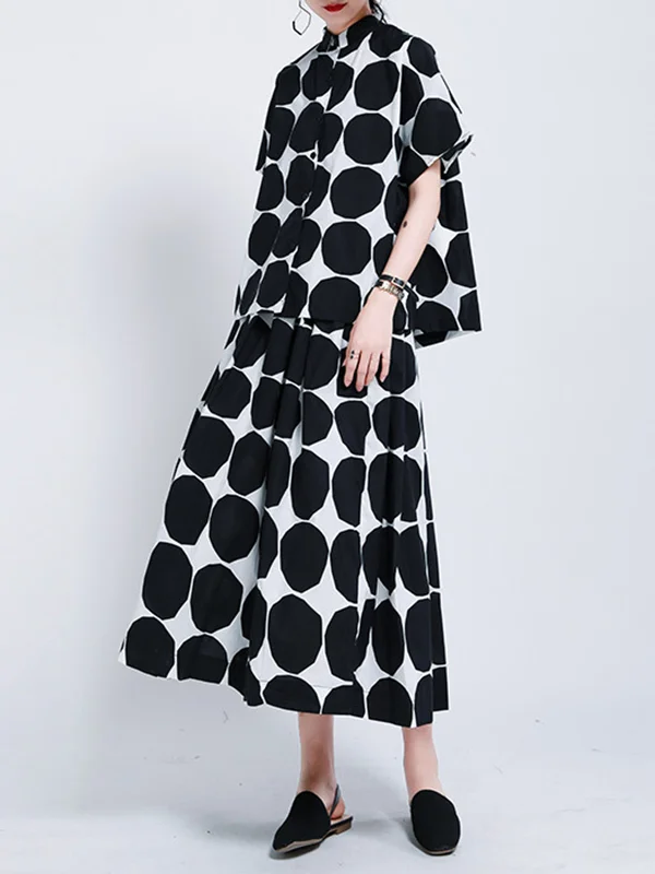 Mock Neck Buttoned Pockets Polka-Dot Blouses Top + A-Line High Waisted Skirts Bottom Two Pieces Set