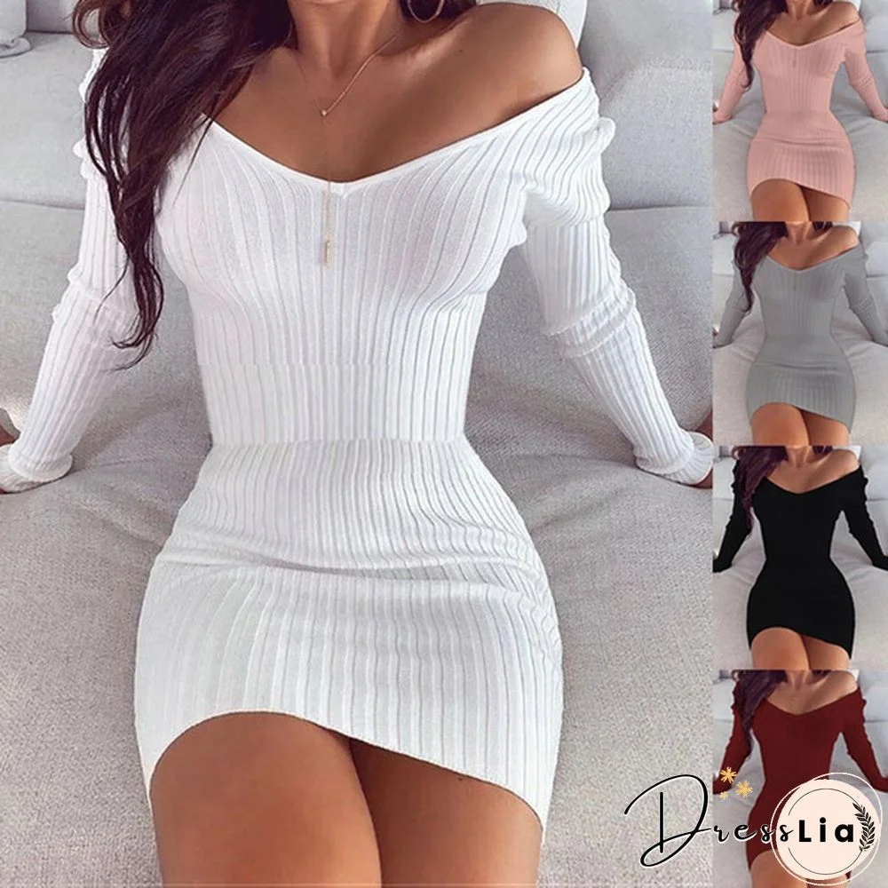 Fashion Bodycon Dress Solid Color Deep V-neck Off The Shoulder Long Sleeve Autumn Winter Dresses