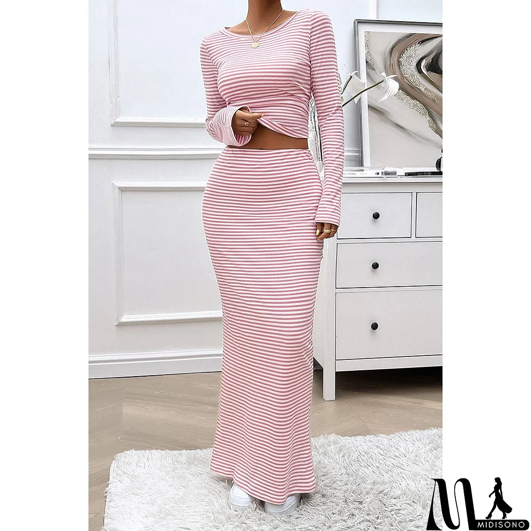 MidiSono - Striped Knitted Crop Top Wrap Hip Long Skirt Set