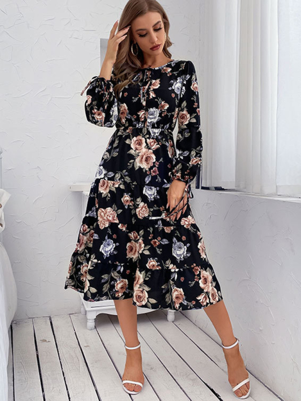 Mature Women Fall And Winter Floral Print Woven Long Sleeve Midi Dress
