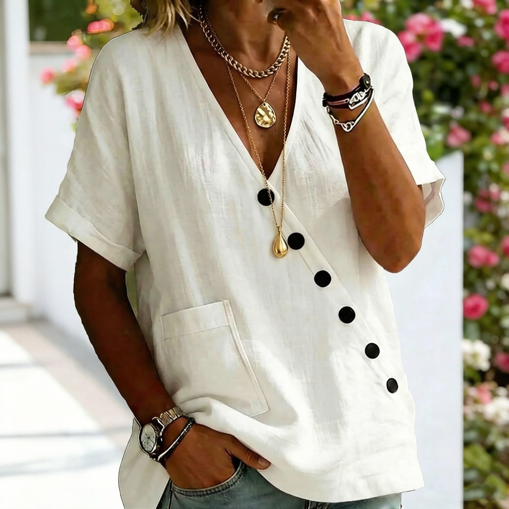 Comstylish Women's Solid Color V-neck Button Pocket Linen Blend T-shirt