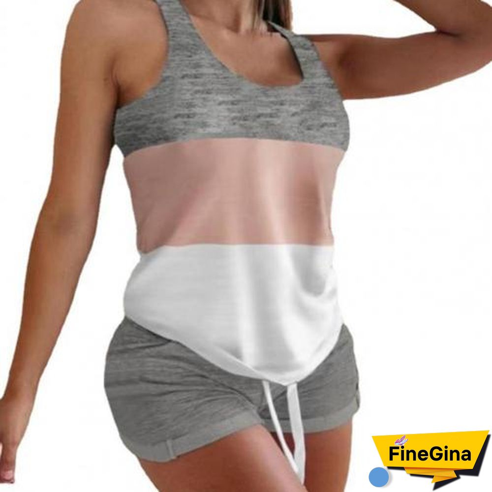 2Pcsset Casual Outfit Sleeveless Top Set Round Neck Comfortable Summer Slim Splicing Design Drawstring Camisole Set For Home