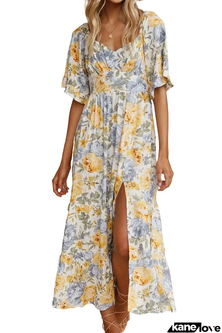 Floral Print Flutter Sleeve Maxi Dress with Split