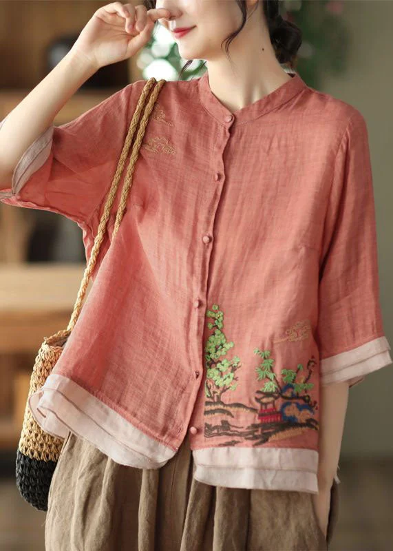 Art Rubber Red Embroideried Patchwork Linen Shirt Tops Summer