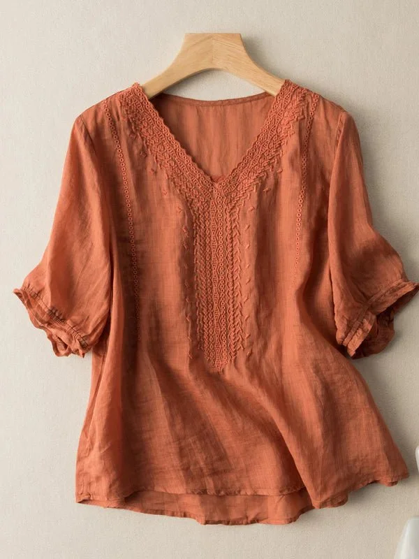 Solid Color V Neck Short Sleeve Casual Linen Top
