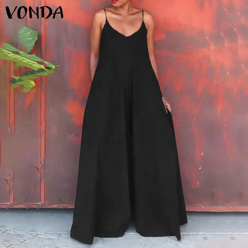 Overalls For Women Casual Sleeveless Jumpsuits 2022 VONDA Female Office Wide Leg Pants Long Trousers Palazzo Pants Dungaree