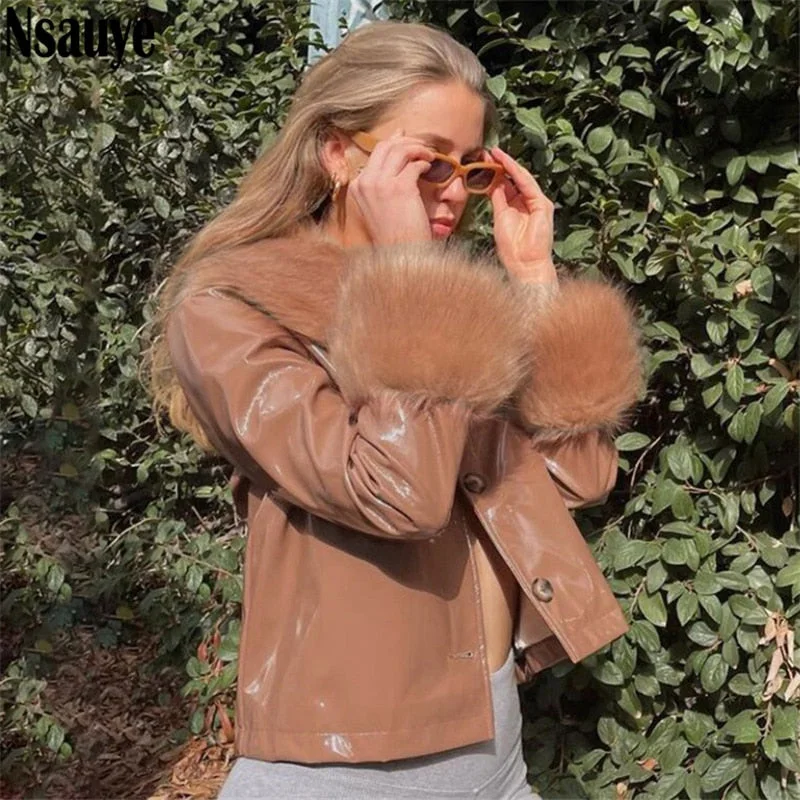 Nsauye 2021 Winter Women Turn Down Collar Leather Jackets Coat Outwear Vintage Faux Fur Long Sleeve Y2K Casual Short Jacket Tops