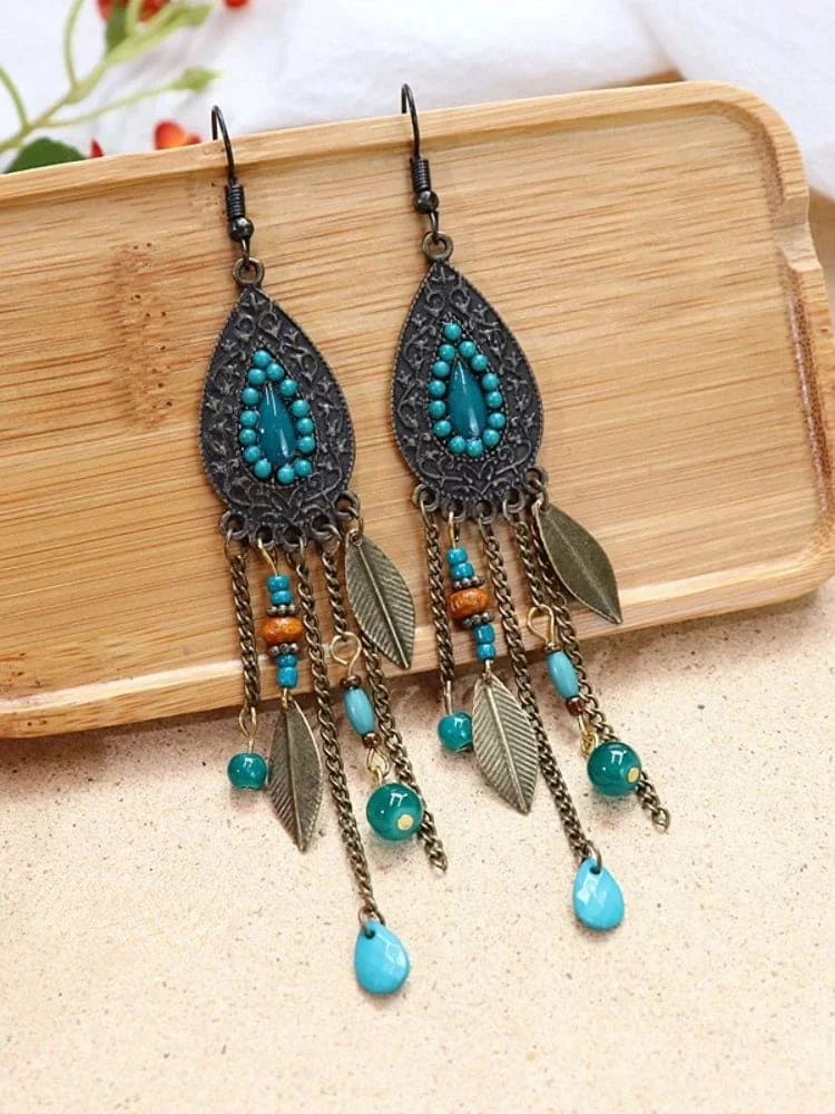 Retro Leaf Bead Tassel Water Drop Shaped Earrings