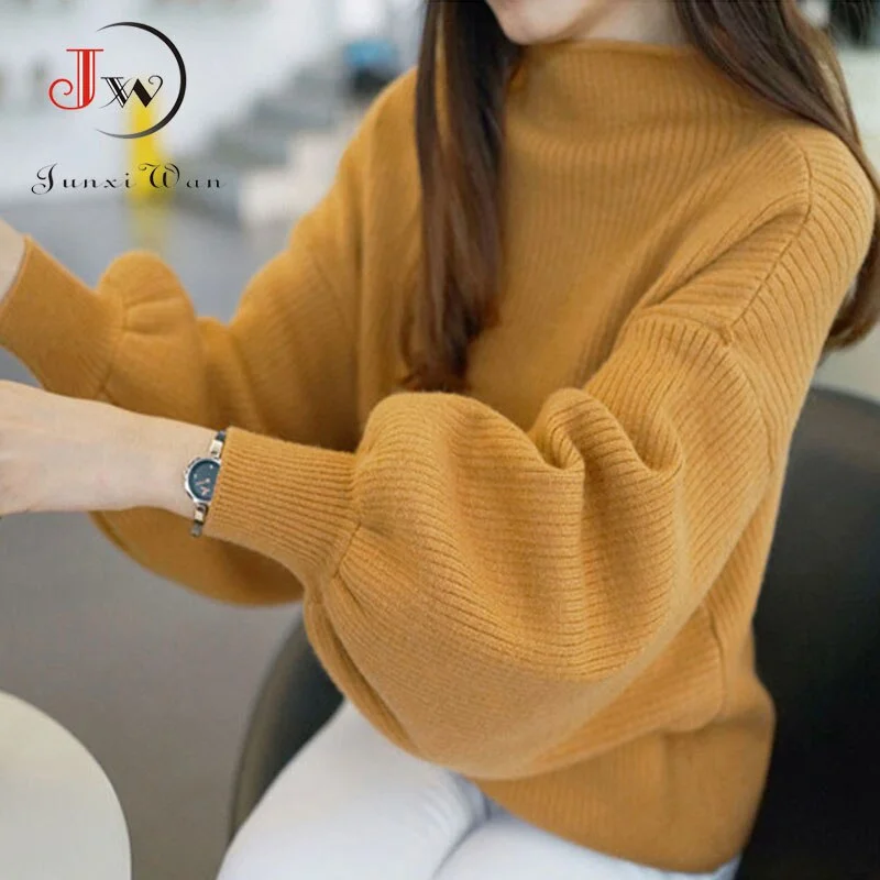 New Winter Women Sweater Fashion Turtleneck Lantern Sleeve Pullovers Loose Knitted Female Jumper Tops Pull Femme