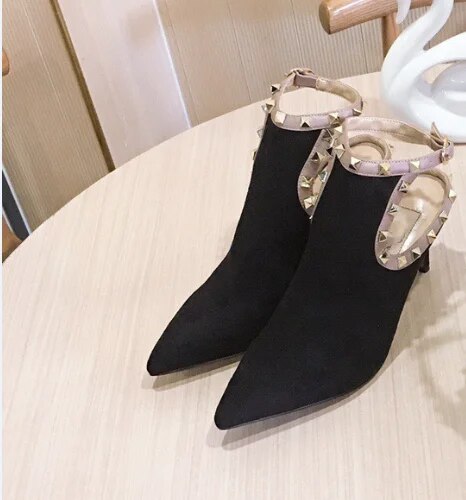TAAFO Black Suede Leather Point Toe Vintage Boots Thick Root Thick Sole Ankle Boots Heels 80mm Shoes Large Size 40