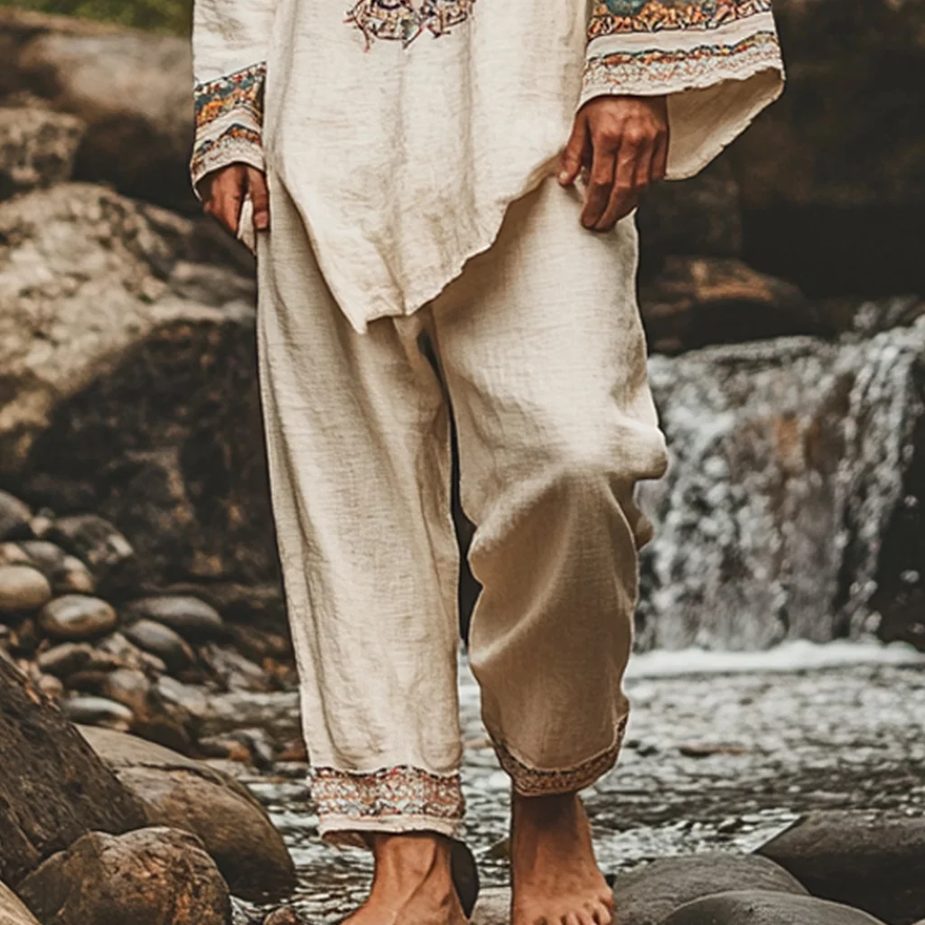 Men's Bohemian Holiday Style Vintage Ethnic Totem Print Cotton And Linen Casual Pants-inspireuse