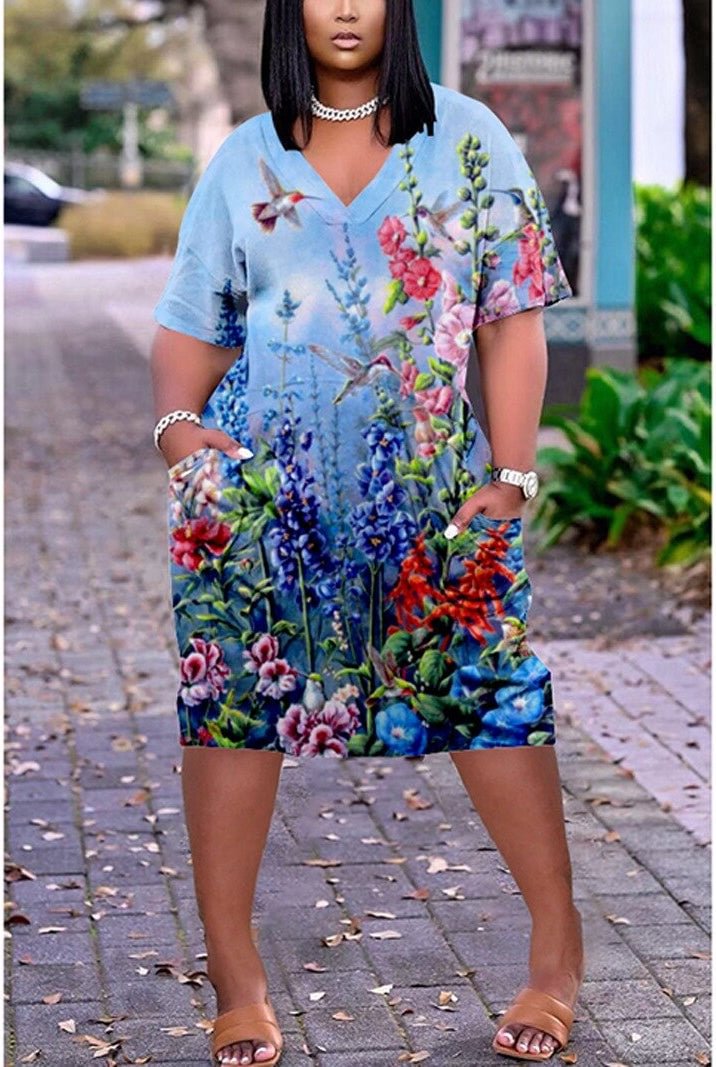 Summer Holiday  Hem Print Sexy V-neck Women's Beach Dress