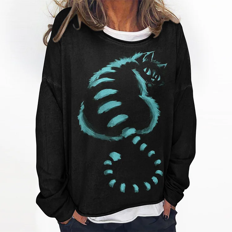 Vefave Contrast Cat Print Long Sleeve Sweatshirt
