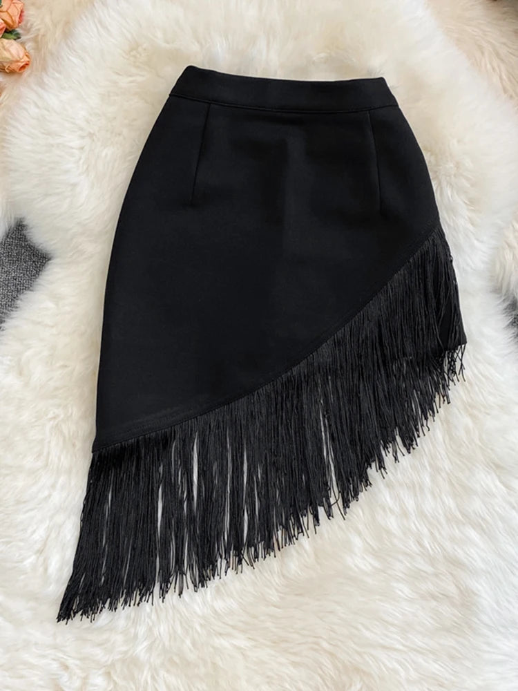 WomernHigh Waist Fringed Short Skirt Women's Summer  New Style Black Irregular Elastic Hip Skirt Anti-glare Skirt KK1744 LANFUBEISI