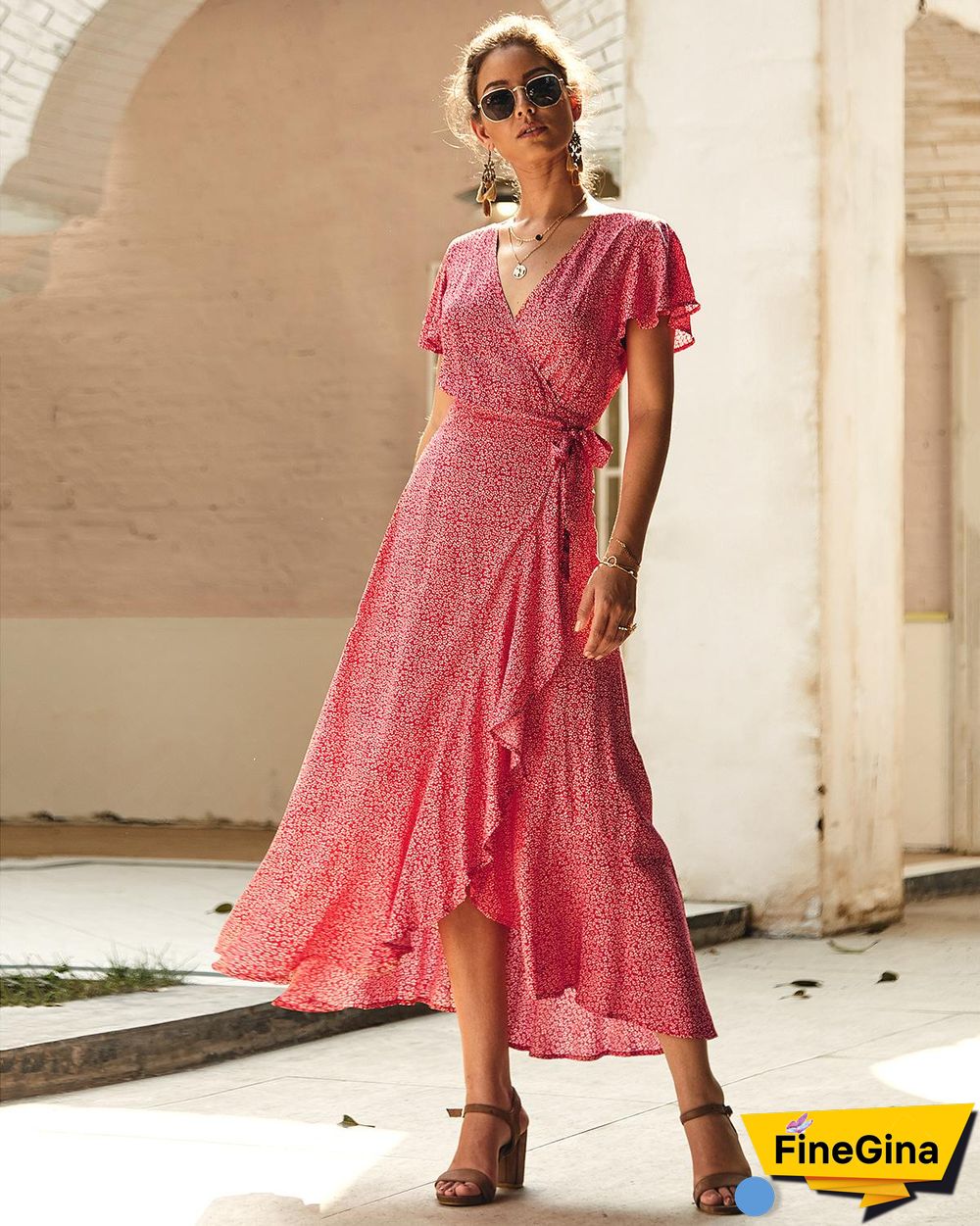 Summer Wrap Dress Beach Floral Print Bohemian Chiffon A Line Vintage Polka Dot Waist Tied Maxi Casual Dress Women0414