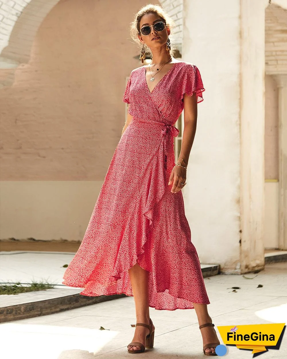 Summer Wrap Dress Beach Floral Print Bohemian Chiffon A Line Vintage Polka Dot Waist Tied Maxi Casual Dress Women0414