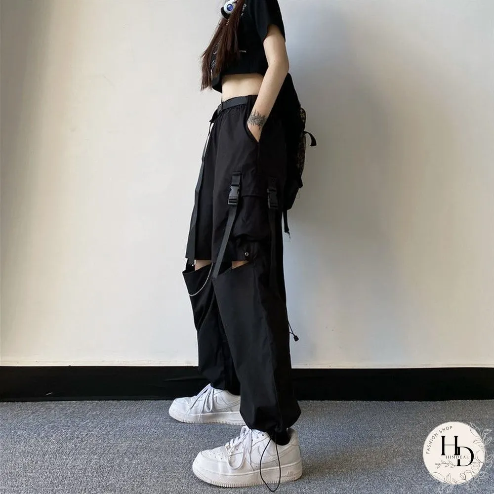Vintage loose straight pants women high waist hole streetwear cargo pant casual Korean