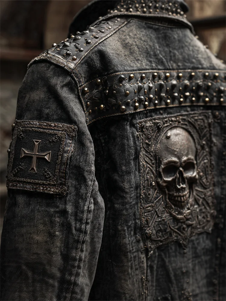 Men's Rock Skull Cross Studded Dark Washed Denim Jacket