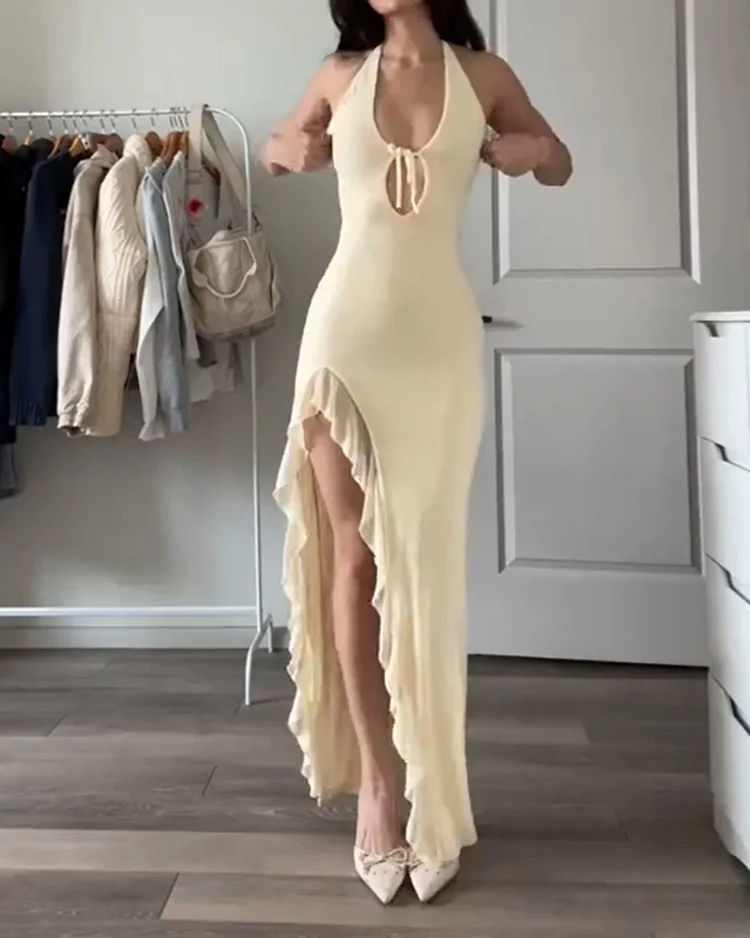 Women's solid color hollow holiday slit dress