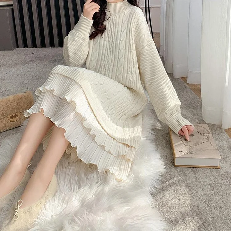 Paneled Long Sleeve Knitted Sweet Dresses QueenFunky