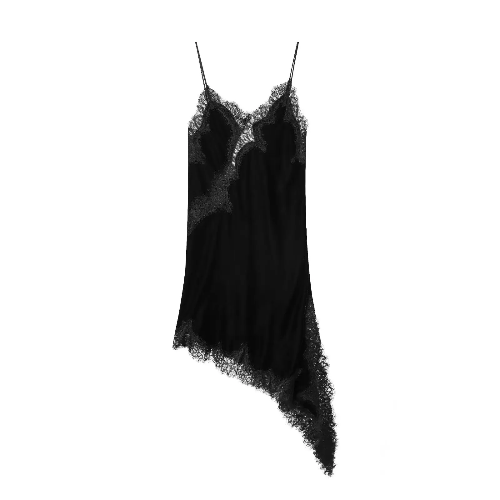 Solid Lace Trim Spaghetti Strap Irregular Hem Mini Slip Dress
