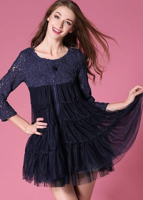 French Navy O-Neck Lace Patchwork Hollow Out Tulle Coat Dress Bracelet Sleeve