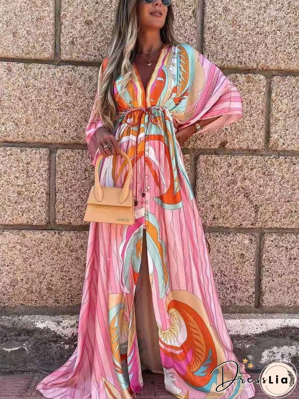 Digital Print V-neck Smocked Split Floor Length Dress P11262