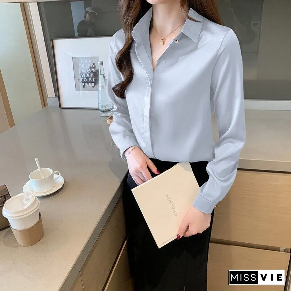 New Summer Fashion Woman Blouses Office Lady Long Sleeve Elegant Blouse Satin Silk Tops Plus Size Woman Basic Shirt