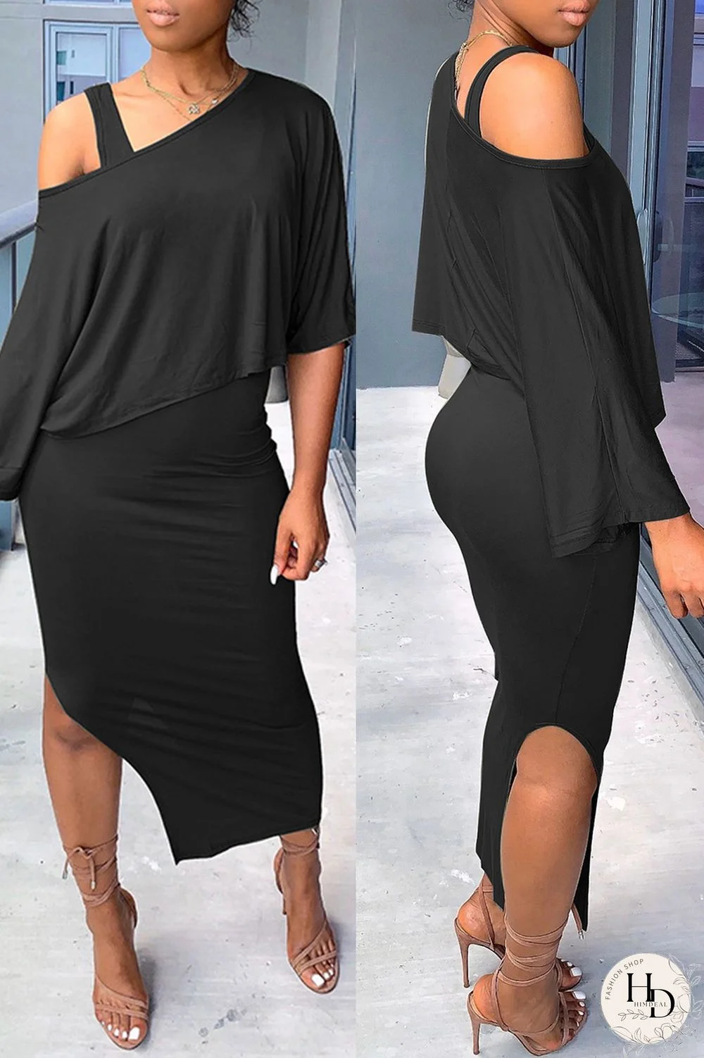 Black Fashion Casual Solid Slit O Neck Half Sleeve Two Pieces