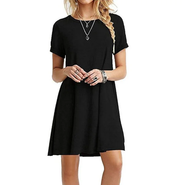 Womens Summer Plus Size Short Sleeves Midi Swing T-Shirt Dress Plain Solid Color Crew Neck Casual Loose Pullover Tunic Tops Wis