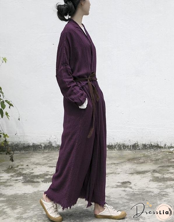 Women Loose Autumn Cotton Linen Ripped Retro Trench Coat Outerwear