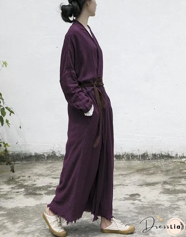 Women Loose Autumn Cotton Linen Ripped Retro Trench Coat Outerwear