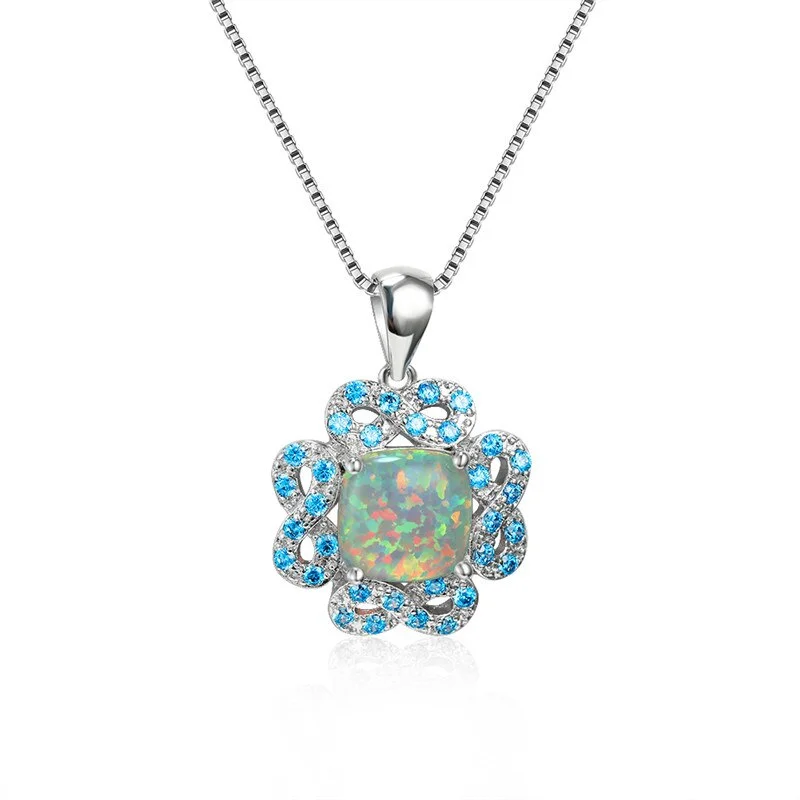 Dainty Female Orange Opal Pendant Necklace Boho Silver Color Chain Necklaces For Women Simple Initial Square Wedding Necklace
