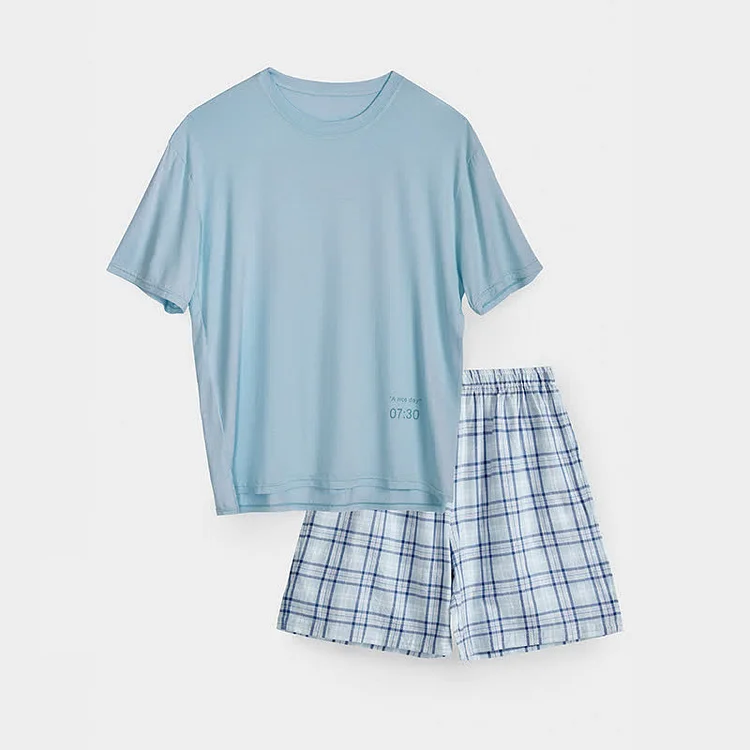 Girlfriend Boyfriend Letter Print Plaid Summer Cotton Pajamas Set - Modakawa modakawa