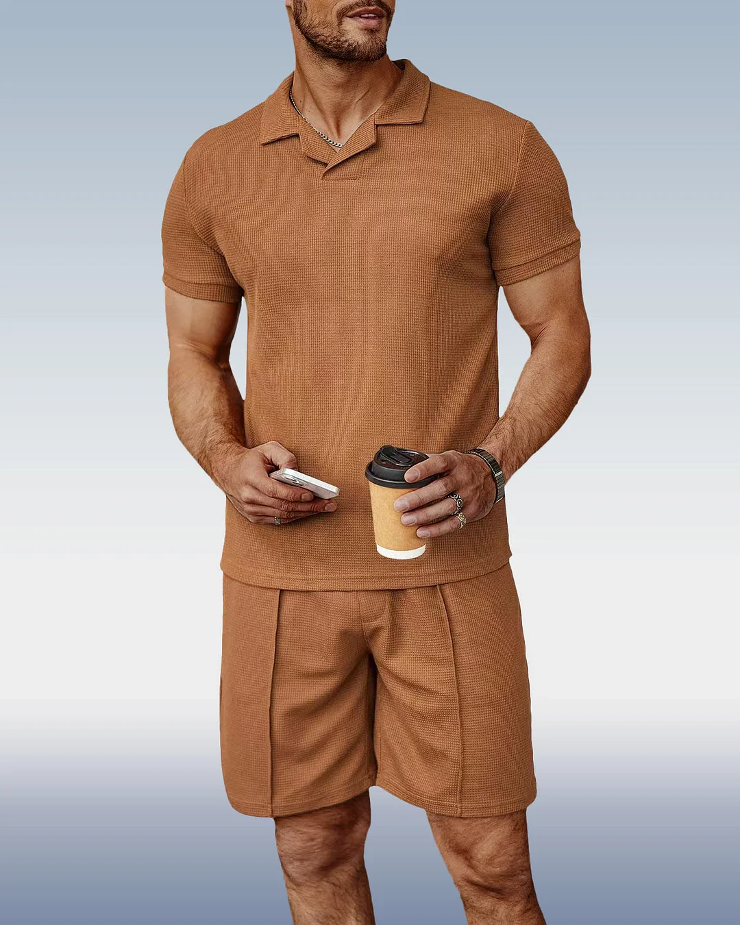 Suitmens Men's Brown Knit V-Neck Polo Shirt